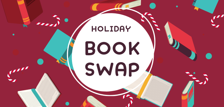 Illustration of books and candy flying through the air, with a circle in the front featuring the title "Holiday Book Swap."