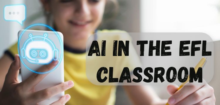 Ein Kind hält ein Smartphone und einen Stift, vor der Rückseite des Smartphones ist eine Gafik von einem Roboter, im Vordergrund steht "AI in the EFL Classroom"