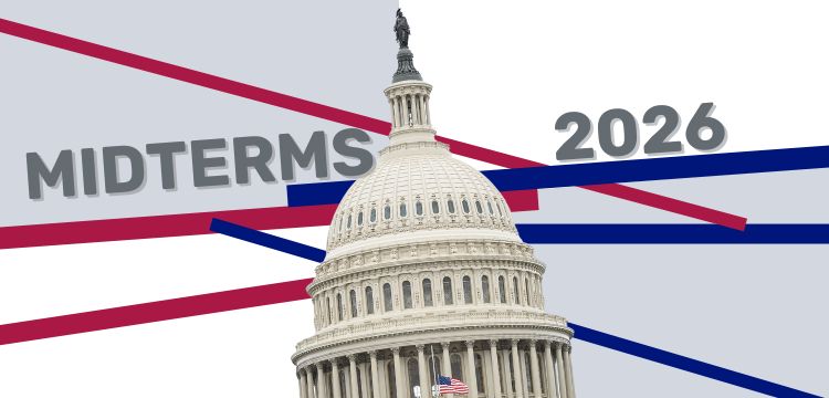 EIne Grafik mit der Kuppel des U.S. Capitols vor chaotischen roten und blauen Balken mit dem Schriftzug "Midterms 2026"
